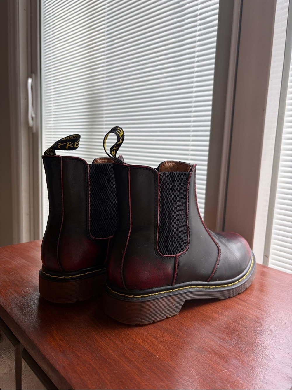 Black and Burgundy Chelsea Boots with Yellow Stitching “Doc Martins”